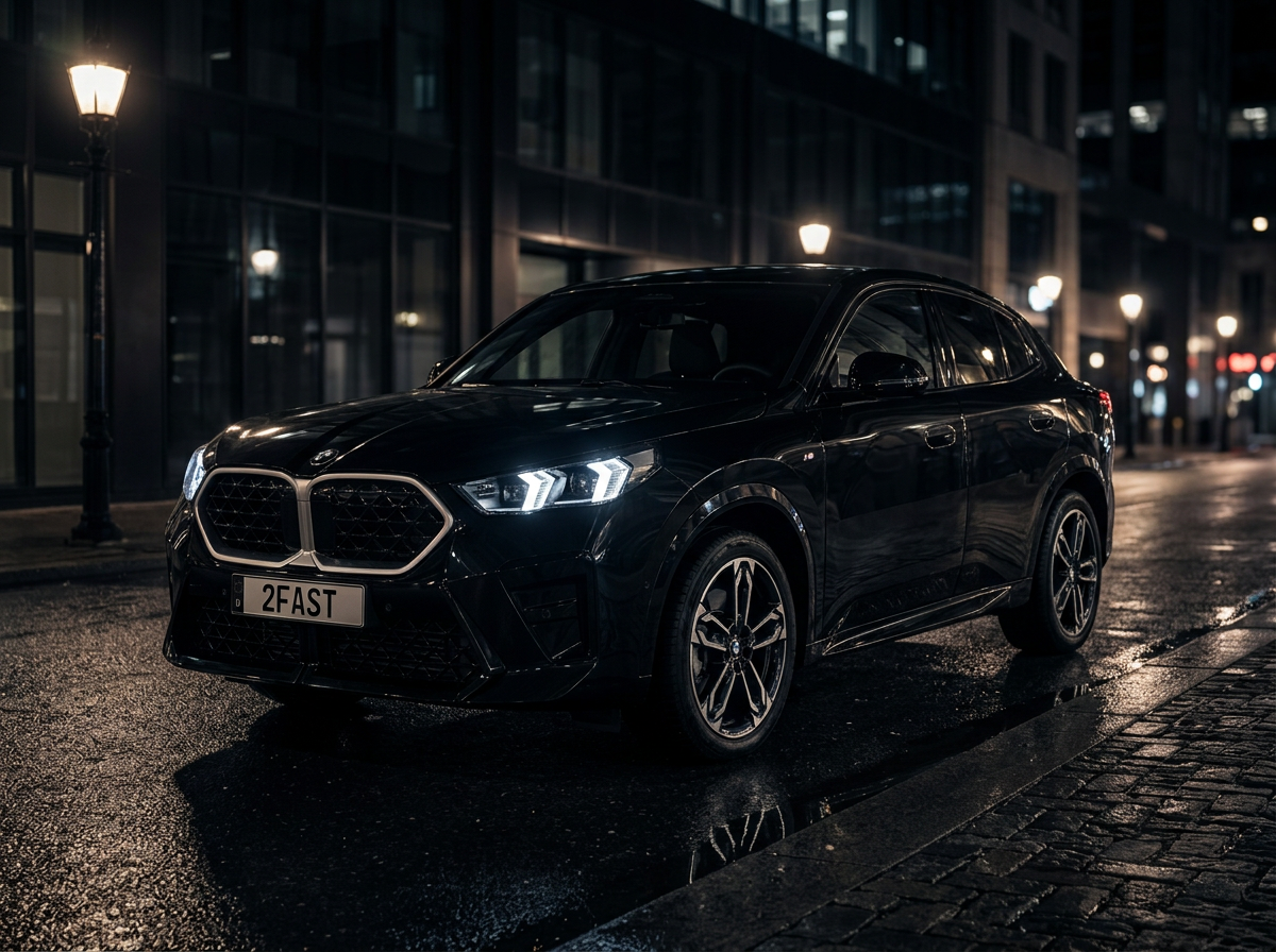 BMW X2 nera fotografata di notte nel centro di Parma