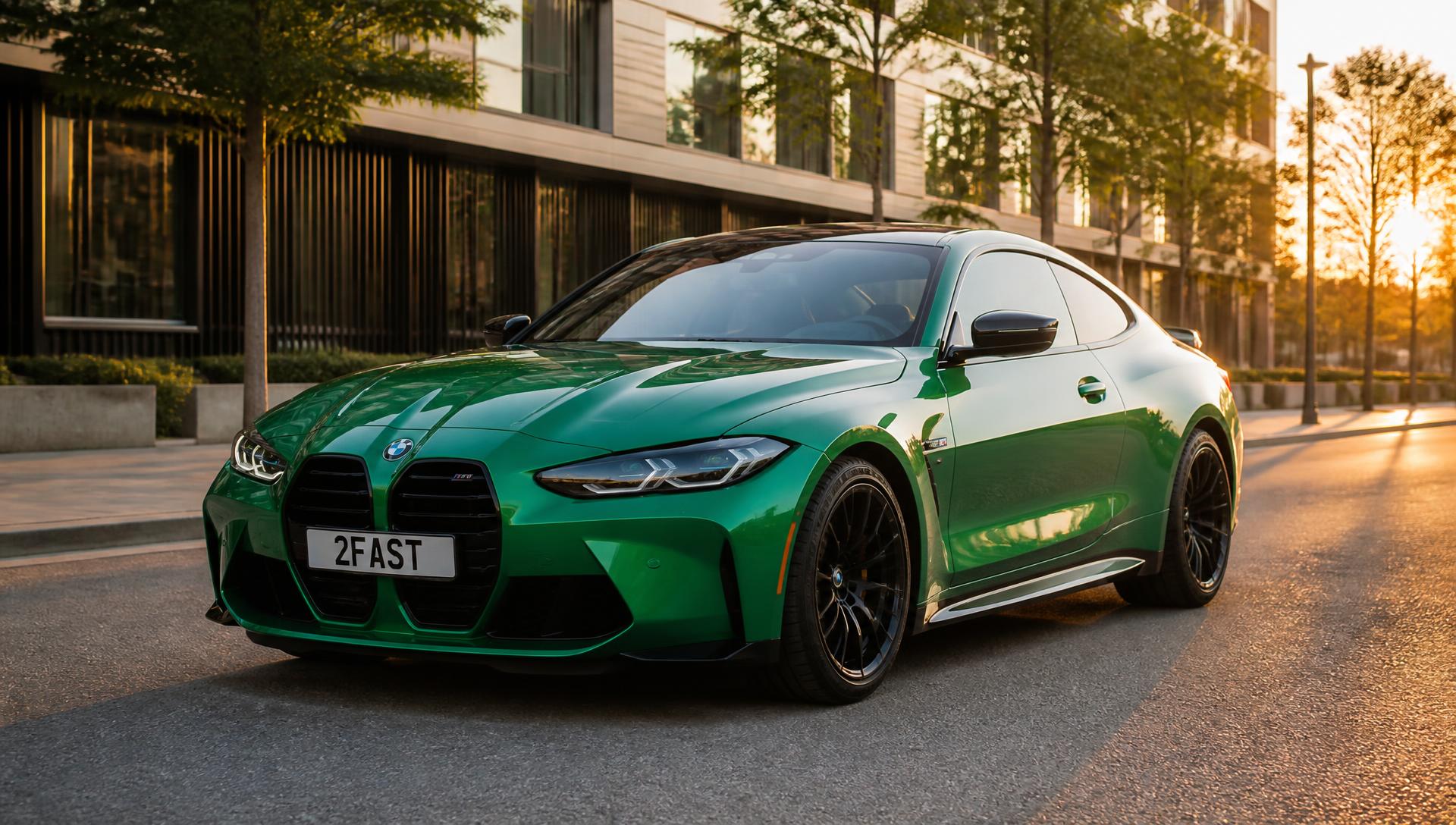 BMW M4 2026 verde Isle of Man Green con nuovi fari e targa 2FAST parcheggiata in città al tramonto
